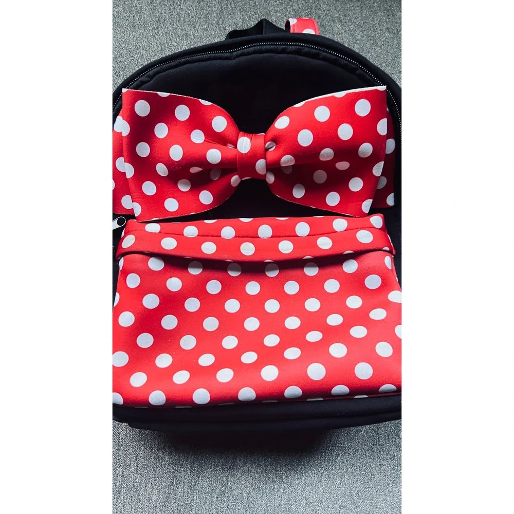 Disney Minnie Mouse Backpack Kids Small Black Red Polka Dot 3D Bow Bag